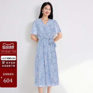 JESSIE知性优雅印花连衣裙女短袖V领收腰显瘦收褶A字裙26夏季新款