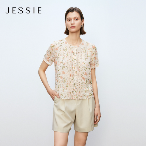JESSIE小清仿真丝雪纺印花上衣