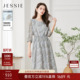 JESSIE优雅印花100%桑蚕丝抽绳收腰真丝连衣裙女夏新 丝与墨影