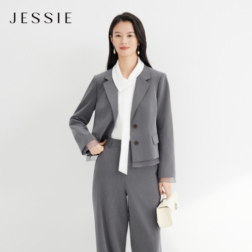 JESSIE格雷灰欧根纱拼接西装外套