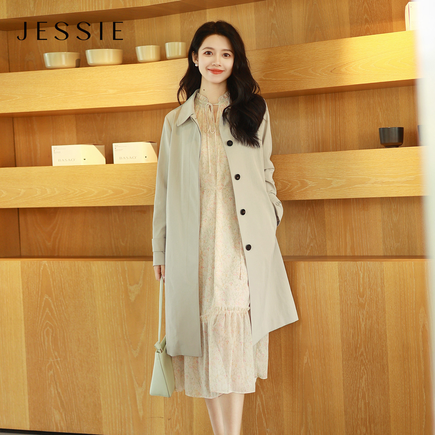 【博主同款】JESSIE知识分子衬衫领中长气质风衣女收腰显瘦春新款