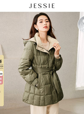 JESSIE连帽毛领几何绗线羽绒服冬