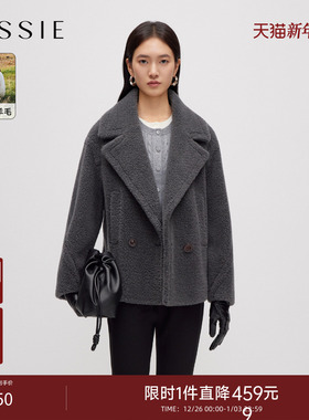 JESSIE大翻领羊剪绒毛呢外套女羊羔毛加厚纯羊毛短款大衣冬季新款