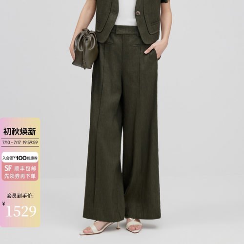 亚麻阔腿绿色通勤休闲长裤女