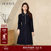 气质简约长袖 JESSIE轻奢高端蓝色娃娃领A字裙冬季 新装 连衣裙