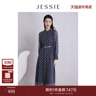 新款 JESSIE2025年秋季 优雅印花连衣裙木耳边收腰长袖 商场同款