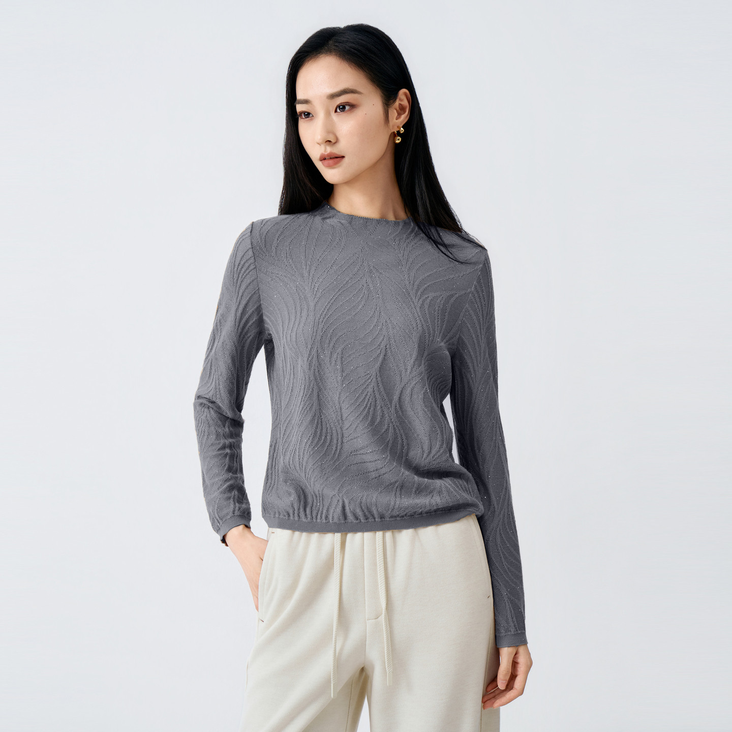 JESSIE高级感灰色毛针织衫女秋季职场半高领暗纹提花肌理打底套头