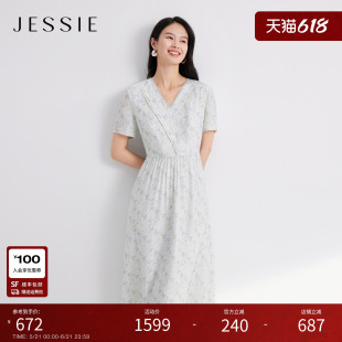 JESSIE清新碎花交叠V领连衣裙气质通勤短袖收腰中长裙2026夏新款