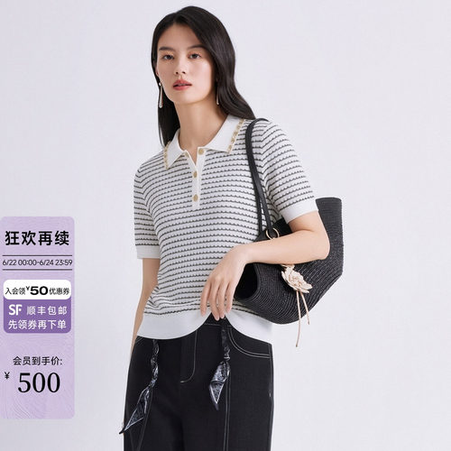JESSIE通勤百搭POLO领条纹针织衫