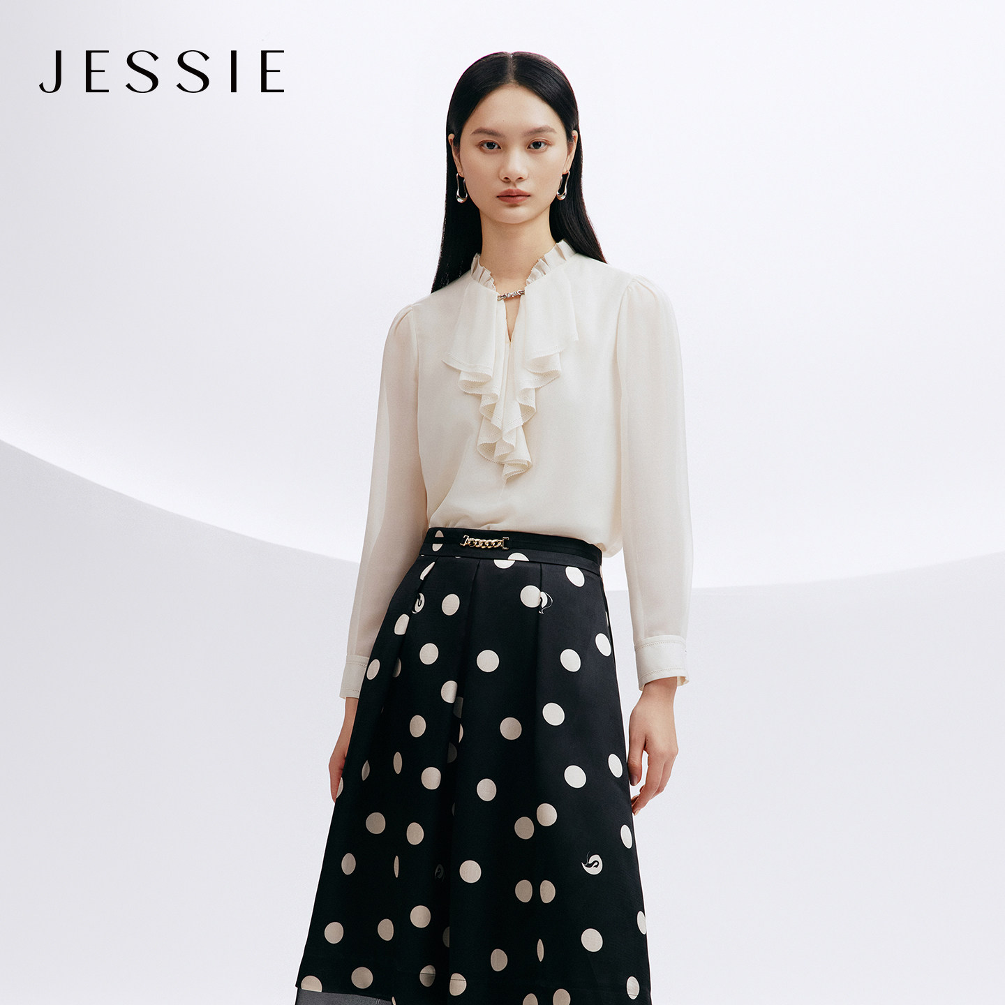 【商场同款】JESSIE春秋气质长袖雪纺小上衣女荷叶边领