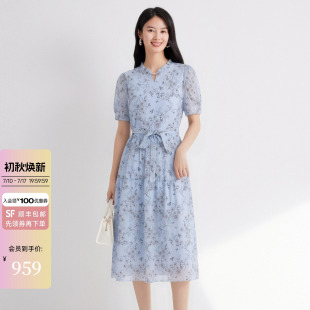 JESSIE2026夏季新款印花连衣裙女立领泡泡袖高腰A字裙通勤中长裙