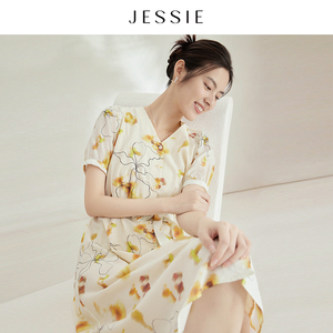 【商场同款】JESSIE雅致印花V领系带收腰雪纺连衣裙女夏款