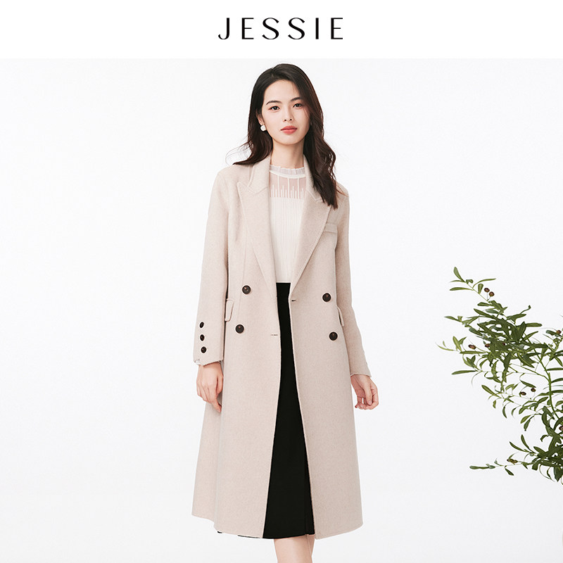 JESSIE 双排扣毛呢大衣女秋冬杏色翻领通勤气质中长款呢子外套