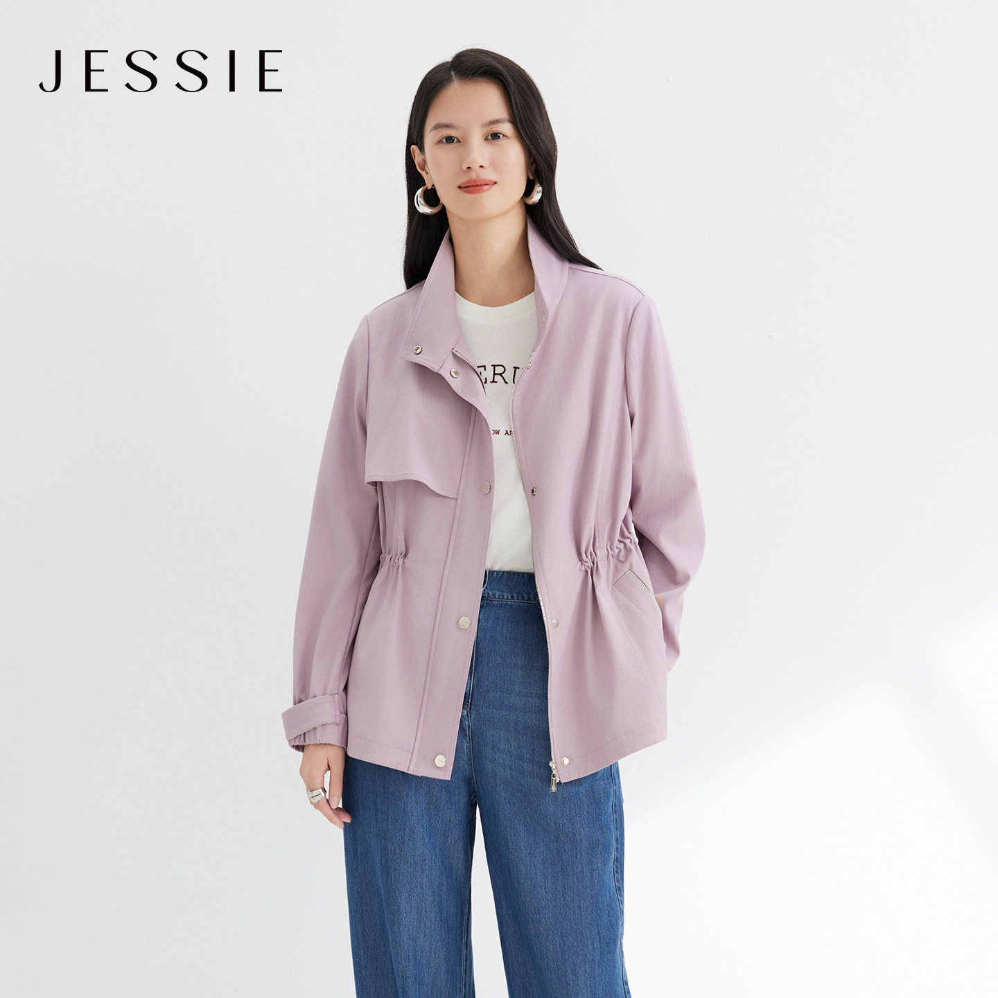 JESSIE抽绳收腰短款风衣女长袖拉链款通勤显瘦外套2026年春季新款