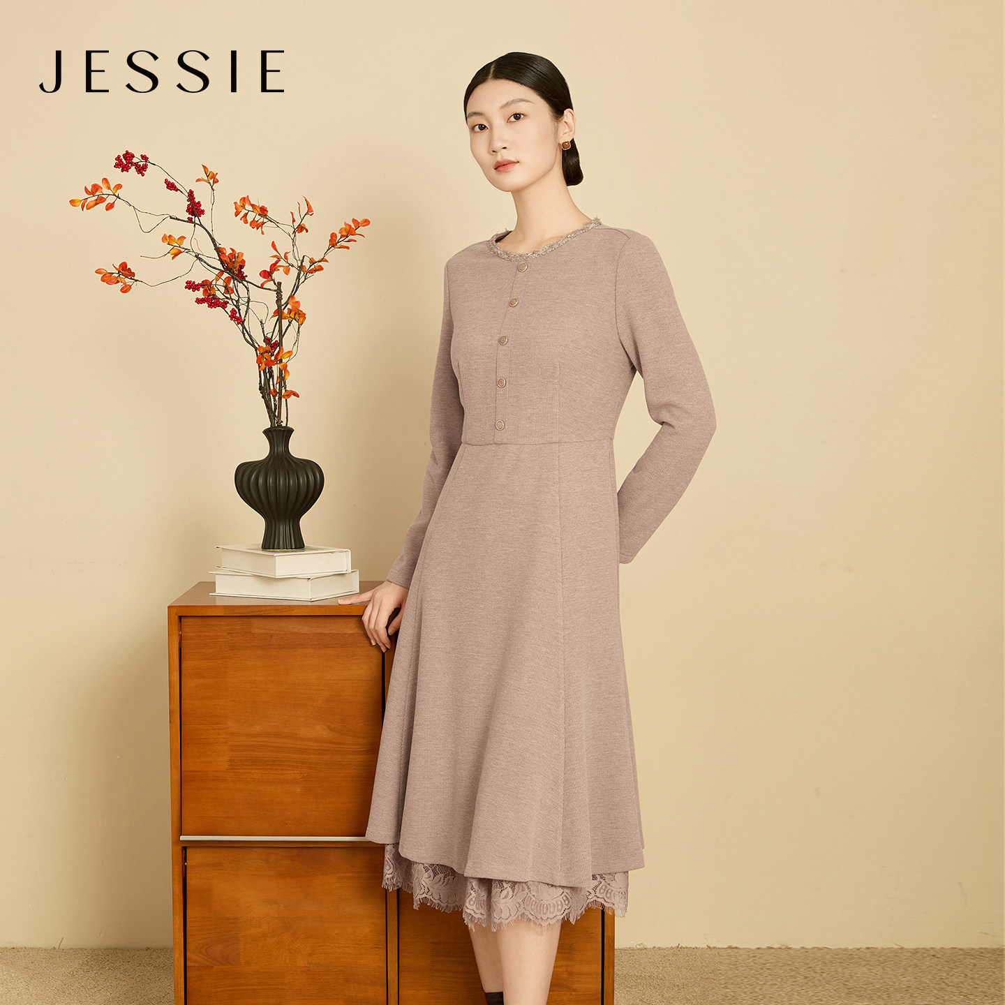 JESSIE知性优雅气质假两件连衣裙女秋冬保暖内搭修身裙子