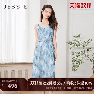 JESSIE春夏波嬉风印花V领度假连衣裙女款清沙滩假日吊带裙
