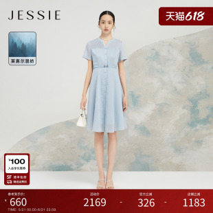 【商场同款】JESSIE设计感气质中长款系带收腰短袖连衣裙夏款
