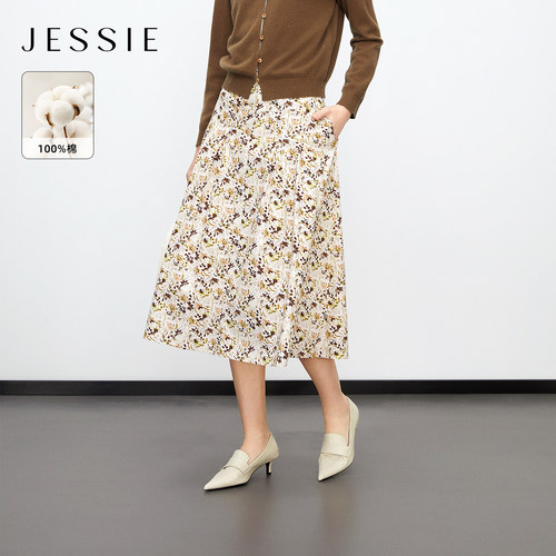JESSIE纯棉印花百褶花卉半身裙女
