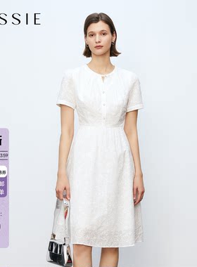 JESSIE气质纯棉绣花纯色连衣裙女