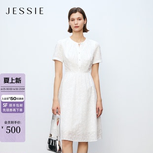JESSIE2026年春夏新款气质修身100%棉布绣花纯白色连衣裙女高级感