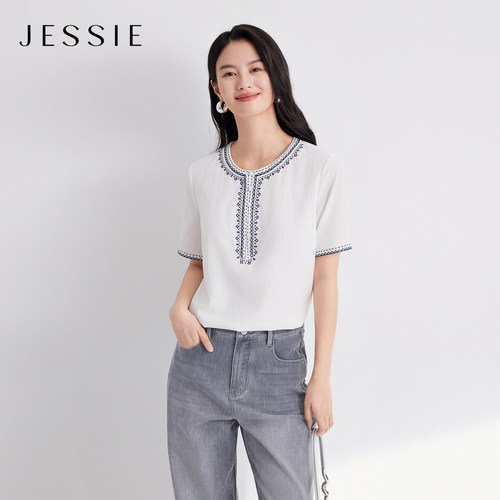 JESSIE撞色民族风绣花白色上衣女