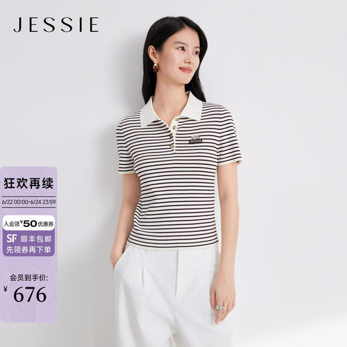 JESSIE海军风条纹翻领毛针织衫女