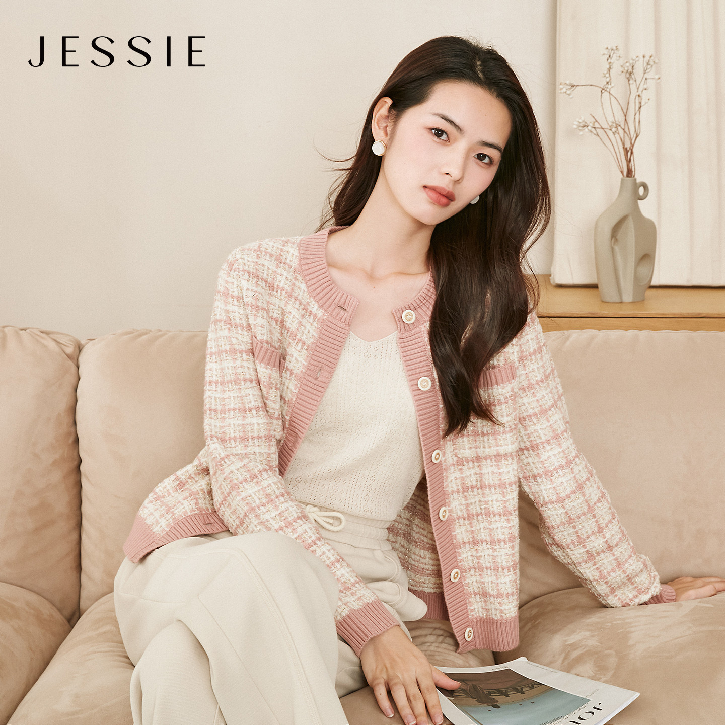 JESSIE气质小香风短外套女秋冬粉色圆领毛衣针织开衫紫色百搭上衣