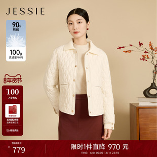 JESSIE休闲翻领菱形绗线单排扣鸭绒羽绒服冬款长袖短款加厚