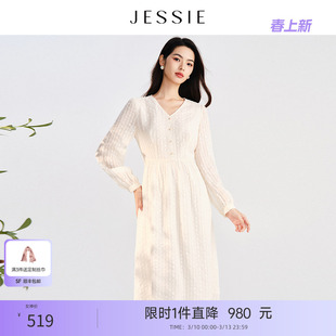 JESSIE气质浪漫蕾丝连衣裙女春季新款花边V领中长款长袖裙子
