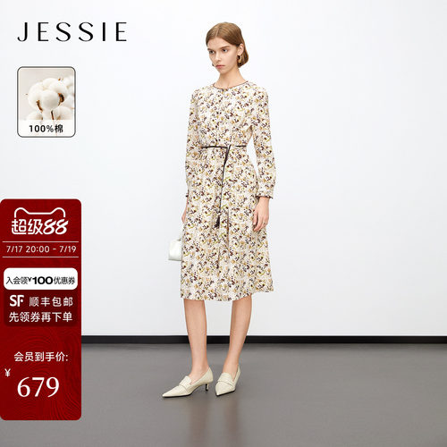 JESSIE优雅纯棉长袖碎花连衣裙女