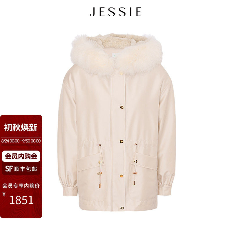 JESSIE 狐狸毛领派克服女冬季兔毛内胆系带收腰连帽保暖皮草外套