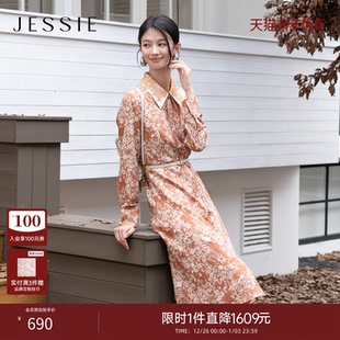 JESSIE优雅撞色蕾丝双层领印花连衣裙女收腰显瘦长裙25年秋季 新款