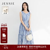 JESSIE纯棉无袖 新款 圆领印花连衣裙女收腰显瘦中长款 蛋糕裙26春季