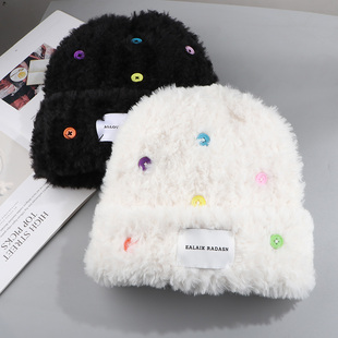 白鹿同款彩色纽扣针织帽子女秋冬季韩版大头围毛绒护耳保暖毛线帽