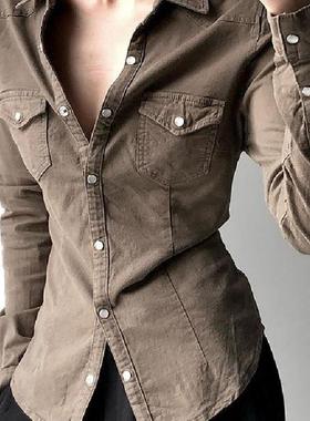 Rapcopter美式覆古分割翻领排扣衬衫外套女修身显瘦百搭打底上衣