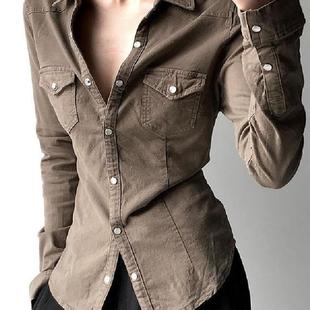 Rapcopter美式覆古分割翻领排扣衬衫外套女修身显瘦百搭打底上衣