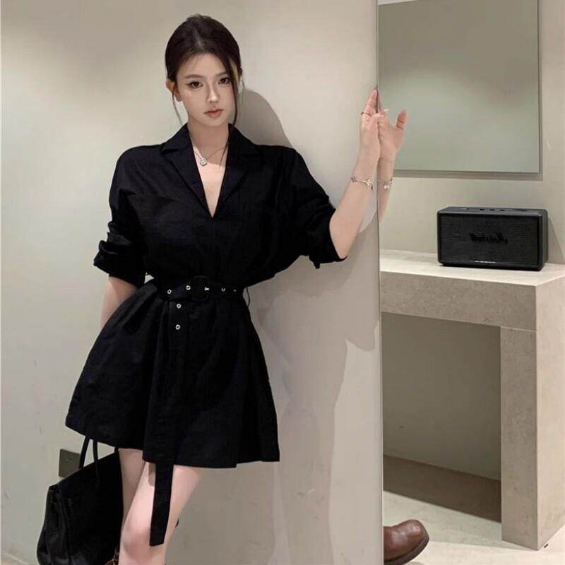 法式气质白色衬衫连衣裙女夏季2025新款收腰显瘦腰带简约韩系短裙