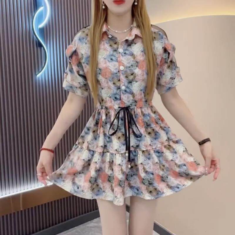 网红爆款套装女2025夏季新款时尚花色抽绳收腰雪纺衫+短裤两件套