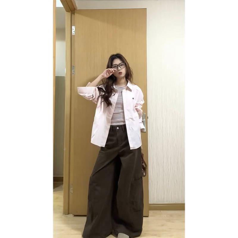 三件套女2026春新款韩系慵懒宽松粉色防晒衬衫条纹背心休闲阔腿裤