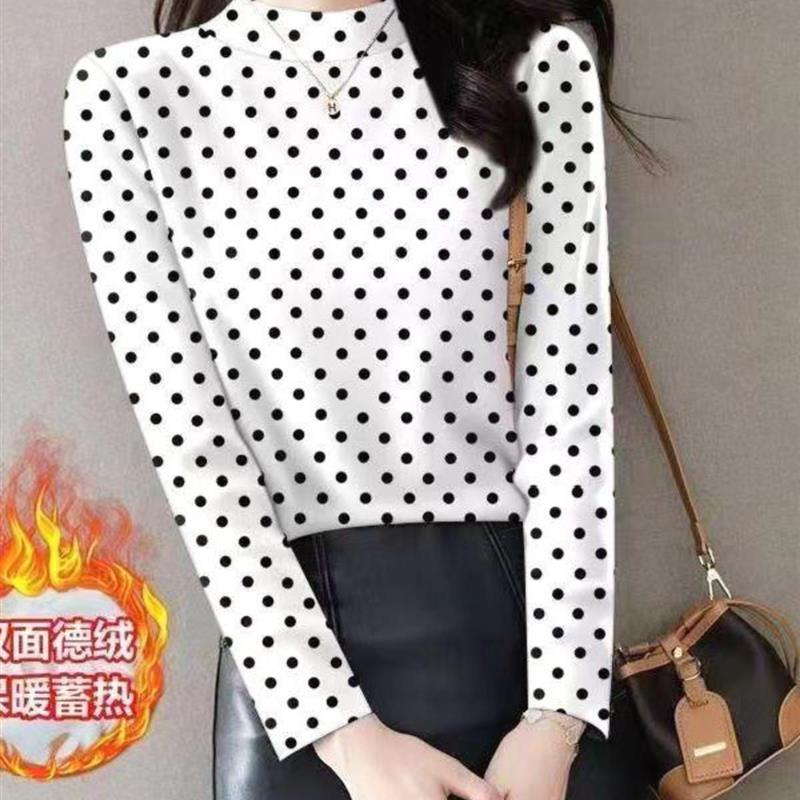 洋气德绒半高领波点长袖T恤女2024冬装新款内搭打底衫年轻上衣ins
