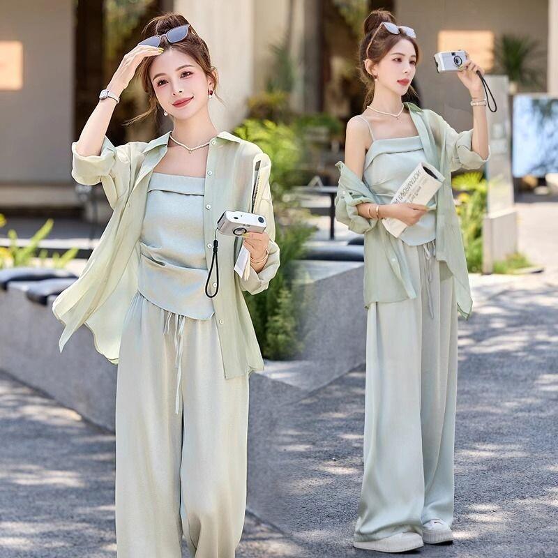 夏季绝美穿搭套装女2025新款慵懒风防晒衬衫吊带休闲宽裤三件套