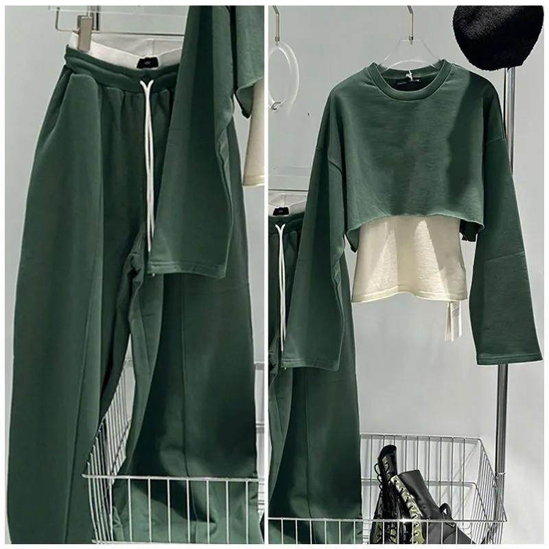 秋冬韩版轻熟时尚套装女圆领卫衣+背心休闲裤墨绿色运动服三件套