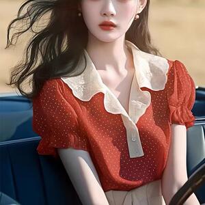 红色波点短袖衬衫女2025新款夏季宽松雪纺衫独特超好看泡泡袖上衣