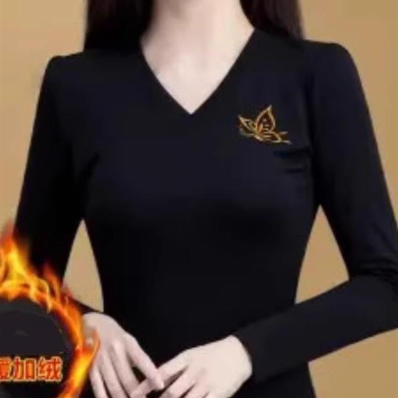 加绒加厚纯色保暖T恤女新款秋冬小衫时尚洋气时尚打底衫女装奢华