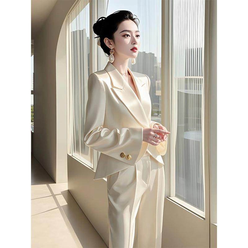 2024春秋新款轻奢高级感女装职业小香风黄色西装外套阔腿裤子套装