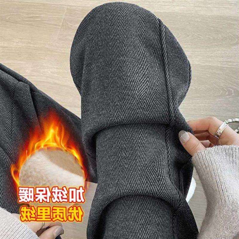 人字纹秋冬阔腿裤裤子女毛呢加绒加厚保暖高腰窄版直筒裤休闲运动