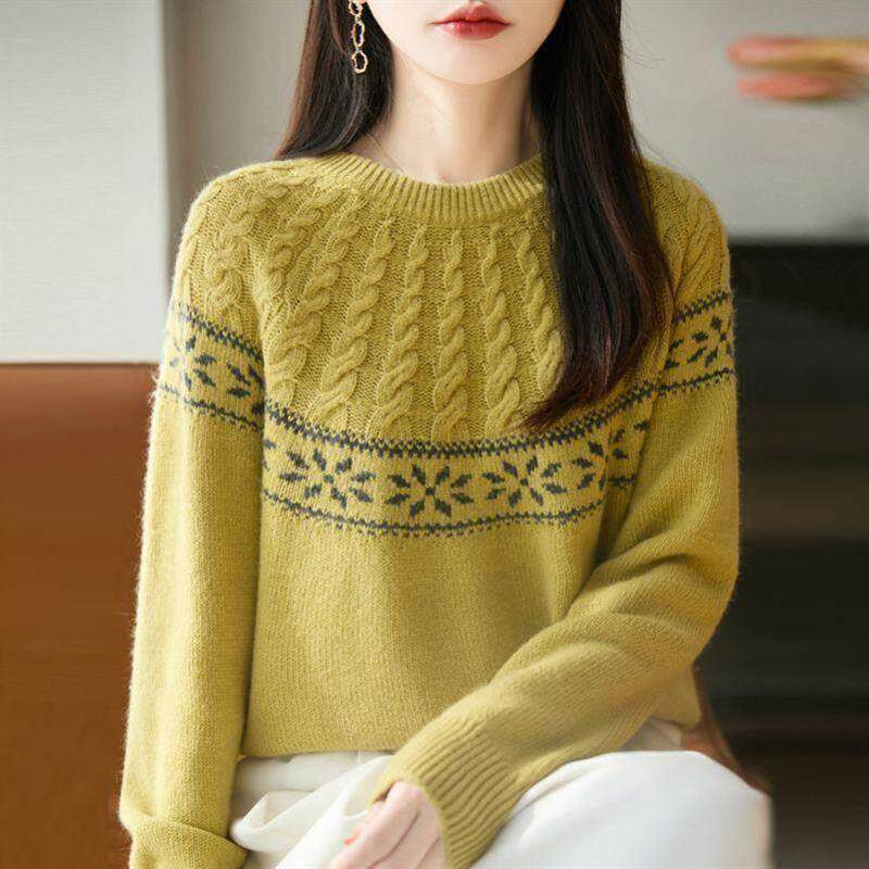 高级感费尔岛麻花圆领套头毛衣女秋冬拼色宽松百搭针织打底衫