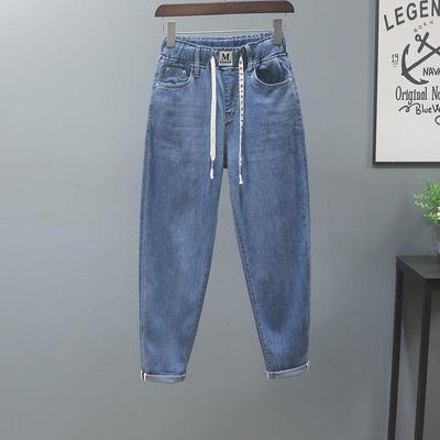 大码高腰牛仔裤女年秋秋季新款松紧腰宽松休闲显瘦哈伦九分裤搭配