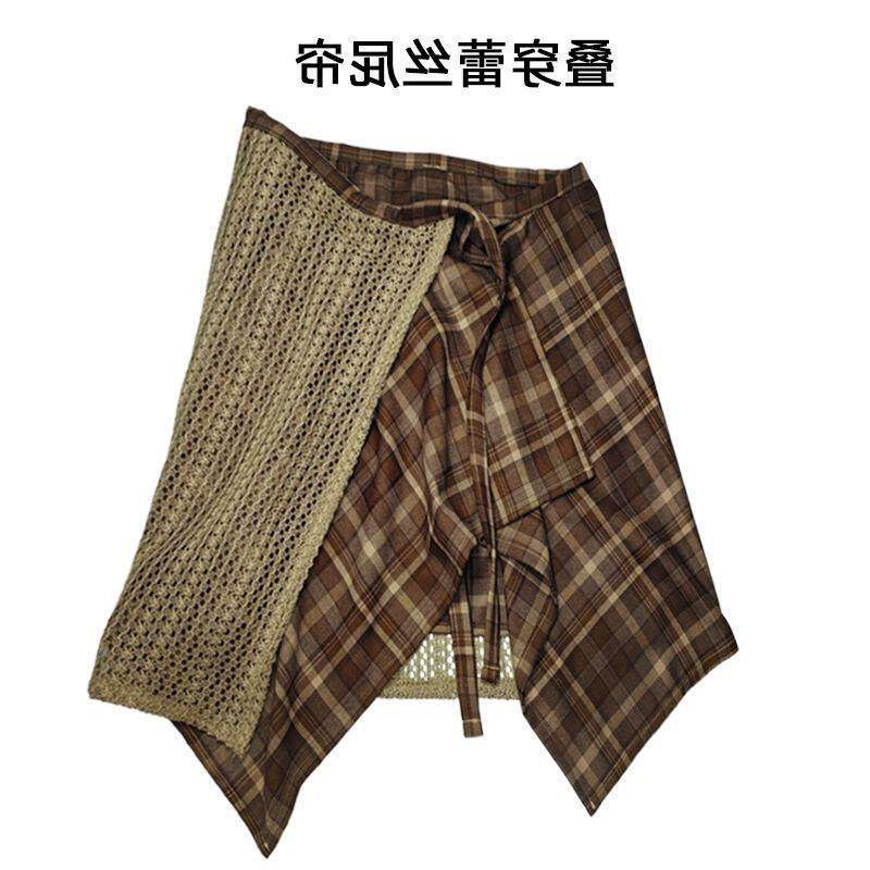 西北秋冬叠穿神器双层蕾丝格子屁帘一片式系带女不规则下摆半身裙