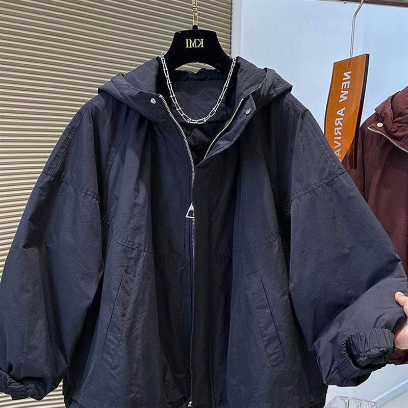 黑色夹棉加厚连帽棉服女冬2024新款宽松休闲保暖二棉冲锋衣外套潮